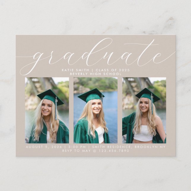 Taupe Calligraphy Minimal Graduation 3 Photo Invitation Postcard (Front)