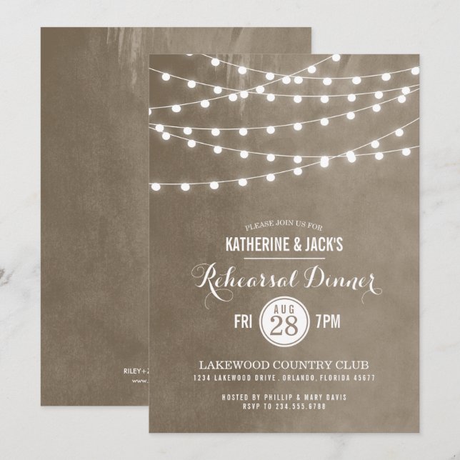 Taupe Chaîne Lumières Répétition Dîner Invitation (Devant / Derrière)