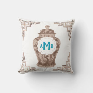 Taupe Chinoiserie Ginger Jar Monogram Throw Pillow