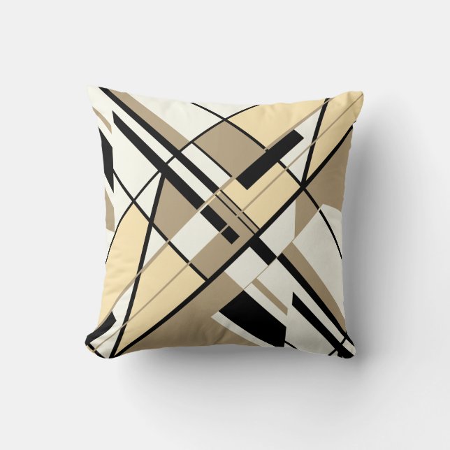 Taupe Cream Black White Diagonal Angular Art Motif Throw Pillow (Front)