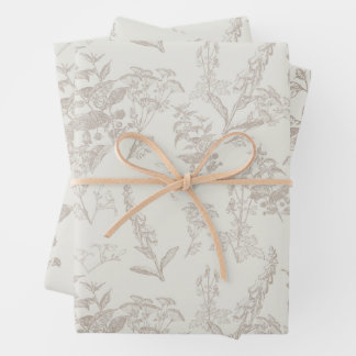Taupe & Cream Tonal Poison Flower Line Art Wrapping Paper Sheet