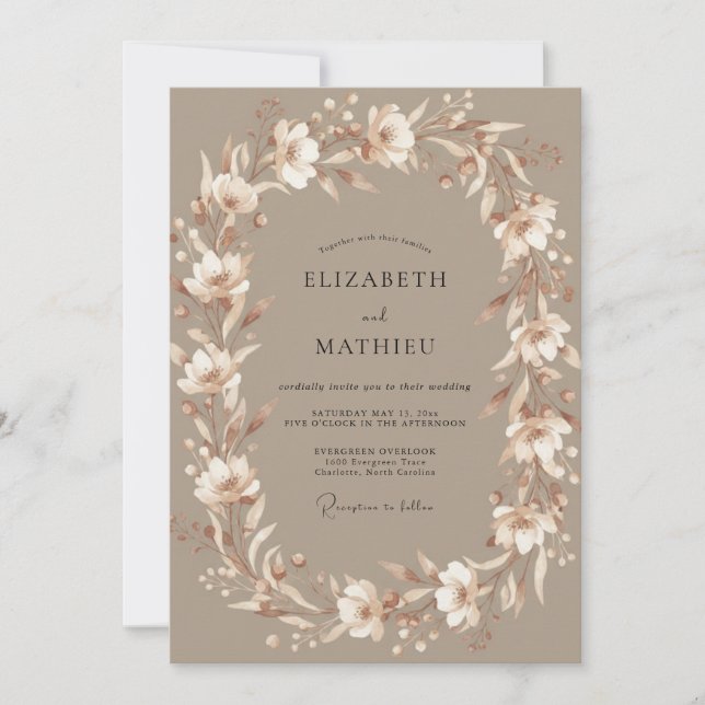 Taupe Cream Wreath Wedding Invitation (Front)