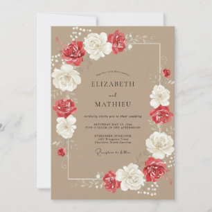 Taupe Crimson Ranunculus Eucalyptus Wedding Invitation