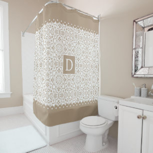 Taupe damask pattern, scalloped borders monogram