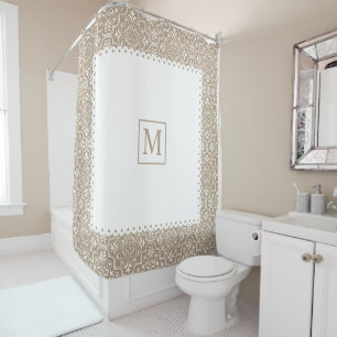 Taupe damask pattern white frame and monogram