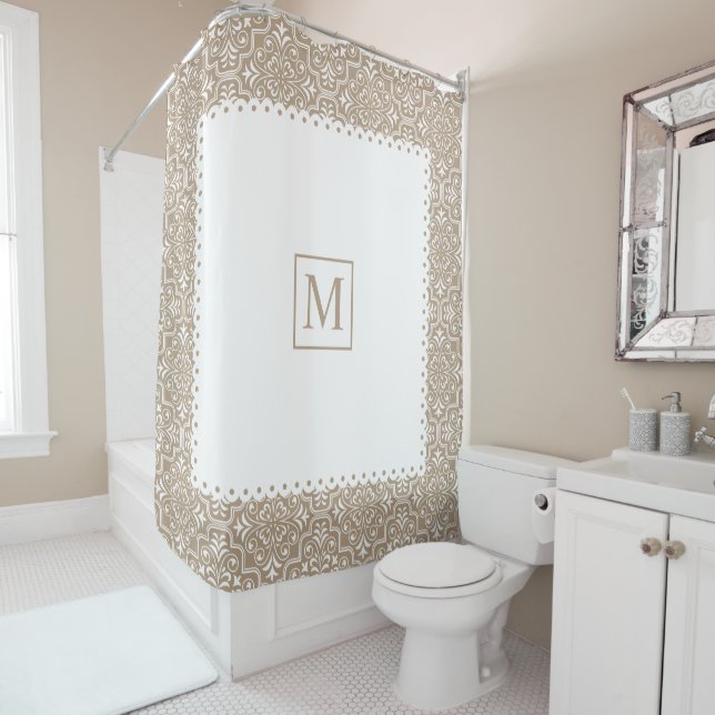 Taupe damask pattern white frame and monogram (In Situ)