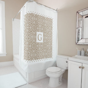 Taupe damask, white scalloped borders, monogram