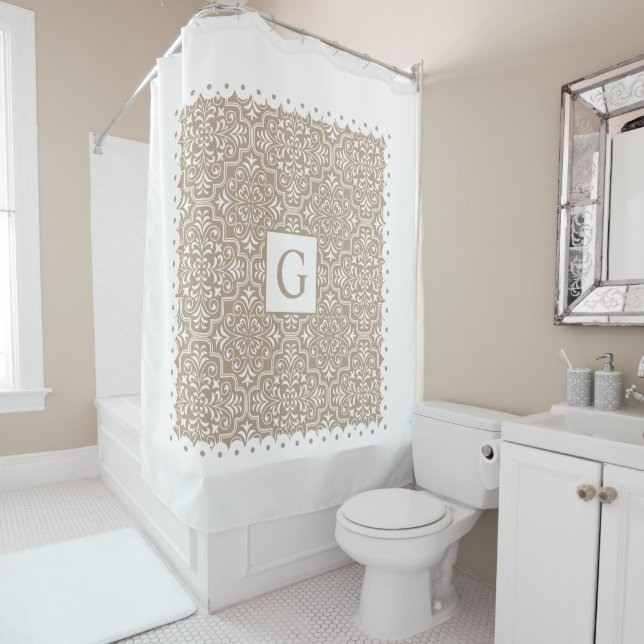 Taupe damask, white scalloped borders, monogram (In Situ)