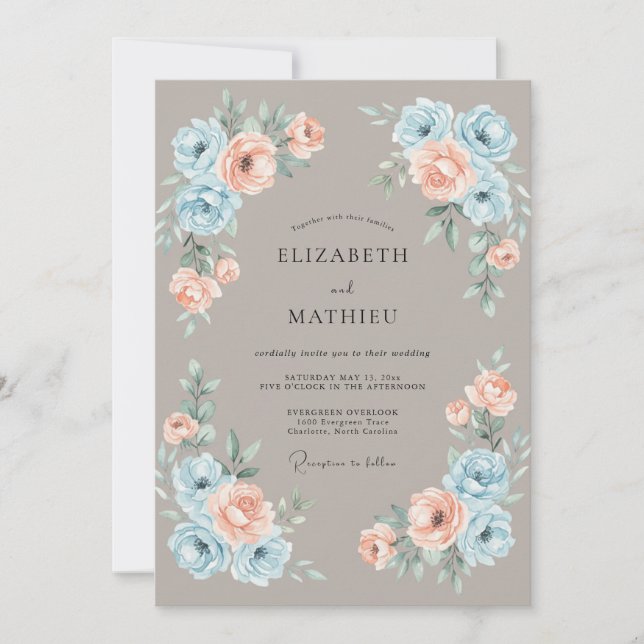Taupe Delicate Watercolor Floral Wedding Invitation (Front)