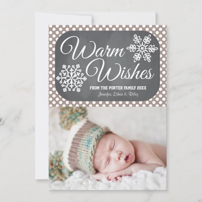 Taupe Dot Chalkboard Snowflake Holiday Photo Card (Front)