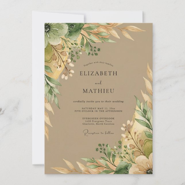 Taupe Earthy Botanical Wedding Invitation (Front)