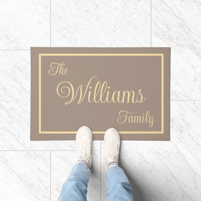 Taupe Elegant Script Family Name Welcome Gift Doormat (Indoor)