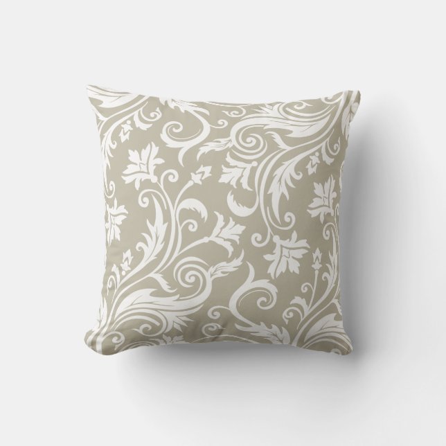Taupe Elegant Vintage Damask Pattern Throw Pillow (Front)