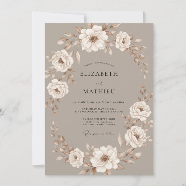 Taupe Ethereal Floral Flourish Wedding Invitation (Front)
