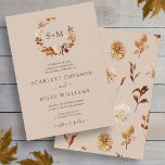 Taupe Fall Terracotta Monogram Wreath Wedding Invitation<br><div class="desc">Taupe Fall Terracotta Monogram Wreath Wedding Invitation. This elegant and rustic wedding invitation features hand-painted watercolor burnt orange and terracotta leaves, cream and beige dahlias, and beautiful rust-coloured roses perfect for a fall or autumn wedding! The back of the invite has a beautiful leaf and floral pattern on a taupe...</div>