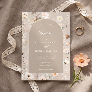 Taupe Fall Wildflower Rustic Boho Floral Wedding Invitation
