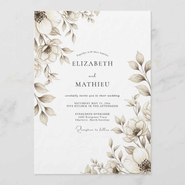 Taupe Floral Bloom Wedding Invitation (Front)