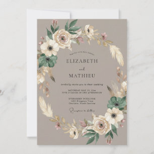 Taupe Floral Bohemian Wedding Invitation