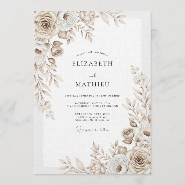 Taupe Floral Flourish Wedding Invitation (Front)