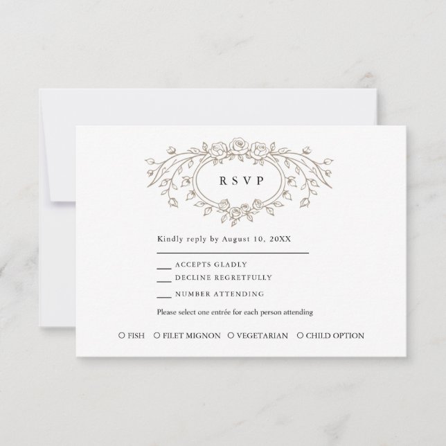 Taupe Floral Line Art Wedding Response Card (Front)