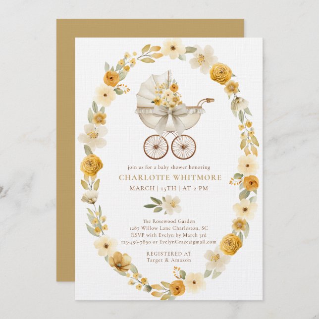Taupe Floral Pram Baby Shower Invite (Front/Back)