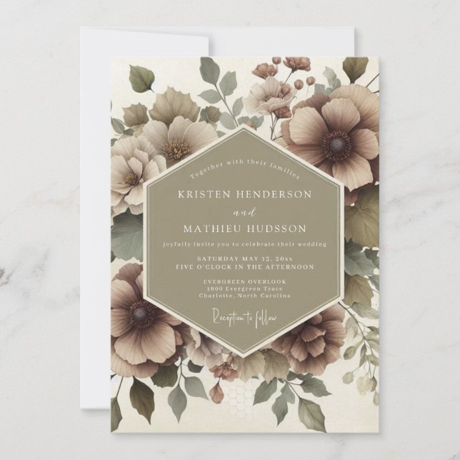 Taupe Floral Romance Wedding Invitation (Front)