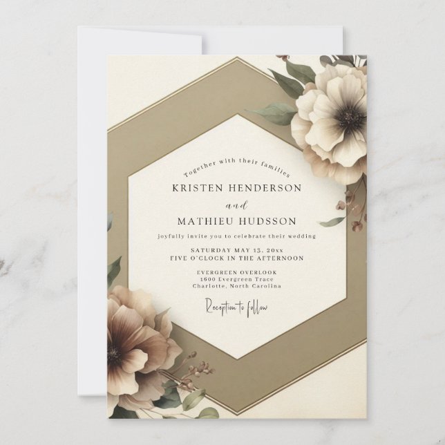 Taupe Floral Romantic Wedding Invitation (Front)