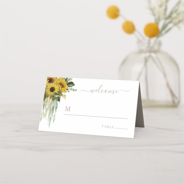 Taupe Floral Sunflower Wedding Place Card (Front)