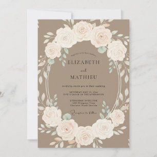 Taupe Floral Wreath Romance Wedding Invitation