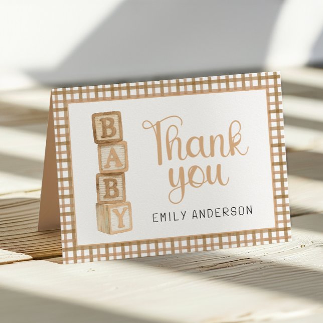 Taupe Gingham Baby Thank You Card | Blocks (Thank You Card)