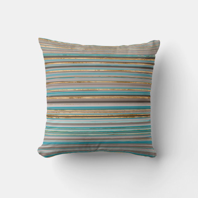 Taupe, gold and teal stripes throw pillow (Front)