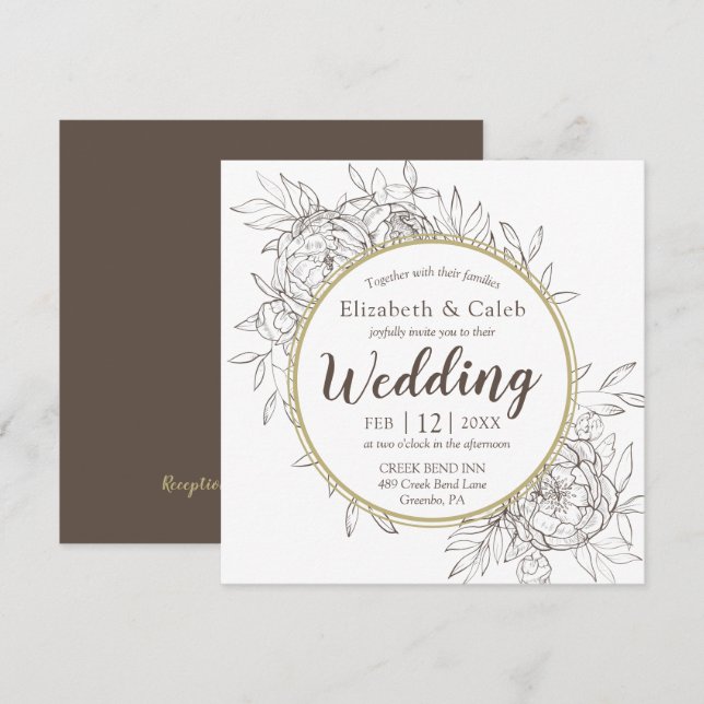 Taupe & Gold Peony Modern Floral Toile Wedding Invitation (Front/Back)