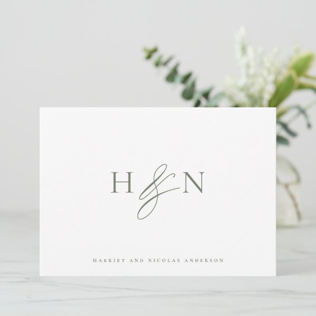 Taupe Green Elegant Monogram Wedding Thank You Card (Standing Front)
