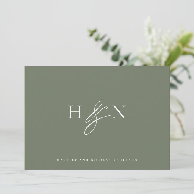 Taupe Green Elegant Monogram Wedding Thank You Card (Standing Front)