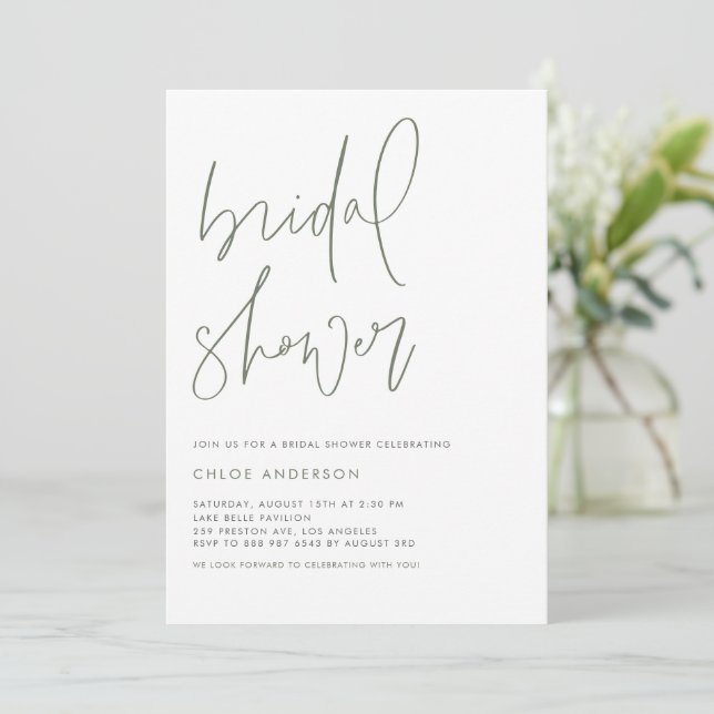 Taupe Green Handwritten Script Bridal Shower Invitation (Standing Front)