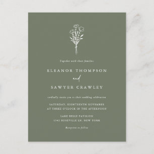 Taupe Green Minimalist Bouquet QR Code Wedding Invitation Postcard