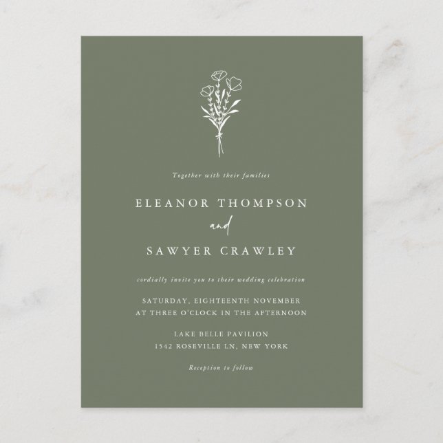 Taupe Green Minimalist Bouquet QR Code Wedding Invitation Postcard (Front)