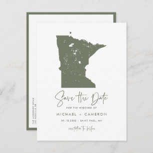 Taupe Green Minnesota Map QR Code Save the Date Announcement Postcard