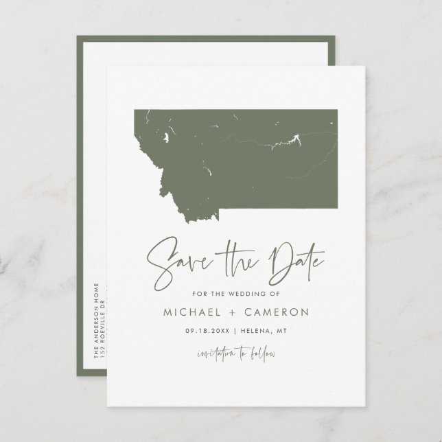 Taupe Green Montana Map QR Code Save the Date Announcement Postcard (Front/Back)
