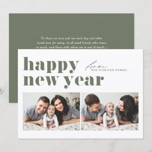 Taupe Green Retro Typography Photo Happy New Year Holiday Card