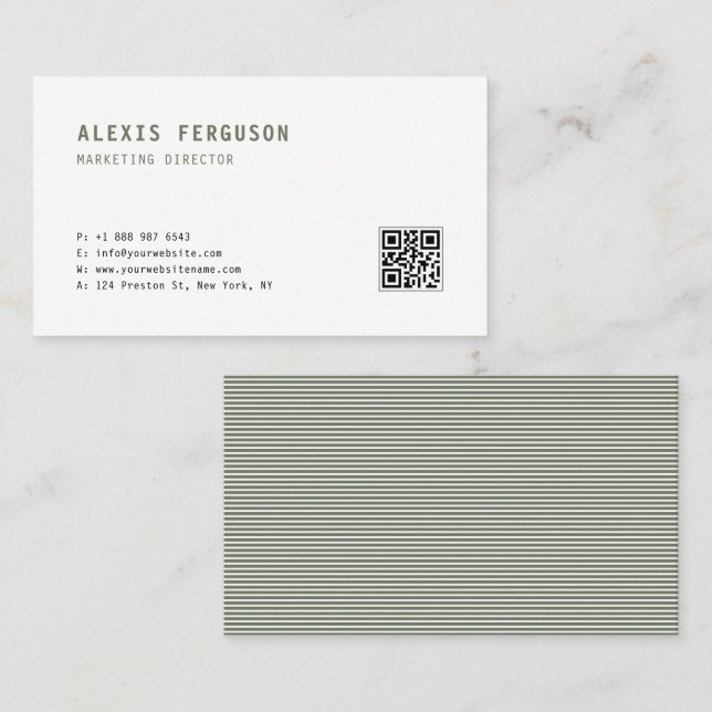 Taupe Green Simple Typography QR Code Minimalist Business Card (Front/Back)