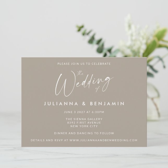Taupe Greige Minimalist Script Modern Wedding Invitation (Standing Front)