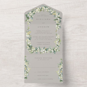Taupe/Greige Snowberry+Eucalyptus Reception Only All In One Invitation