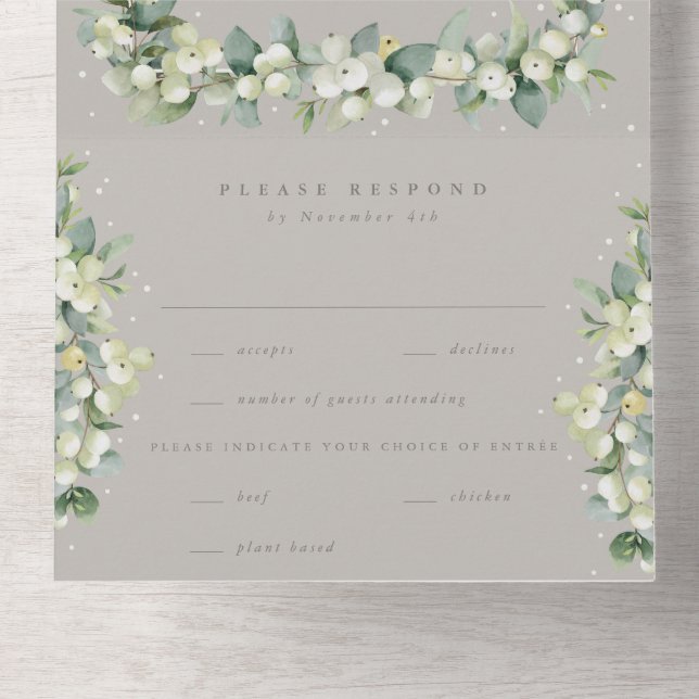Taupe/Greige Snowberry+Eucalyptus Winter Wedding All In One Invitation (Inside Bottom)