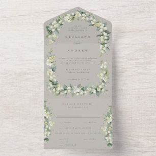 Taupe/Greige Snowberry+Eucalyptus Winter Wedding All In One Invitation