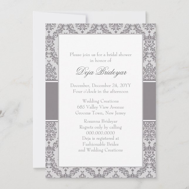Taupe Grey Damask Bridal Shower Invitation (Front)