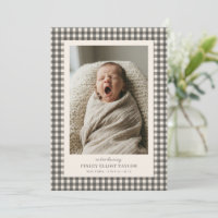 Taupe Grey Gingham Introducing Baby Photo Birth