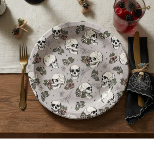 Taupe Grey Gothic Skulls and Roses Halloween Paper Plate