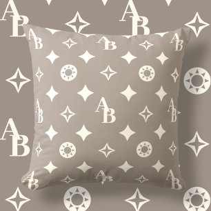 Taupe Grey + Ivory Custom Initial Monogram Pattern Throw Pillow