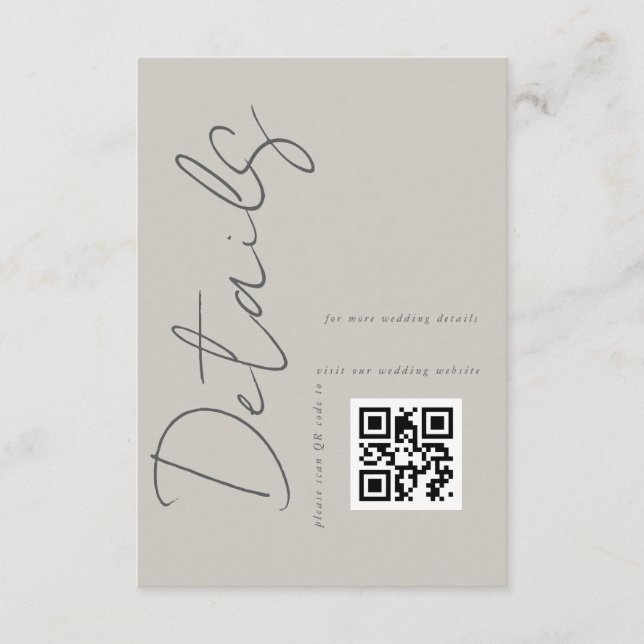 Taupe Grey Modern QR code Wedding Details  Enclosure Card (Front)